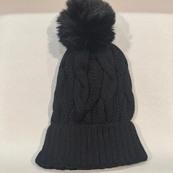 UGG NWT Accessories. Cable Knit Beanie with Faux Fur Pom. Color: Black - Picture 2 of 2